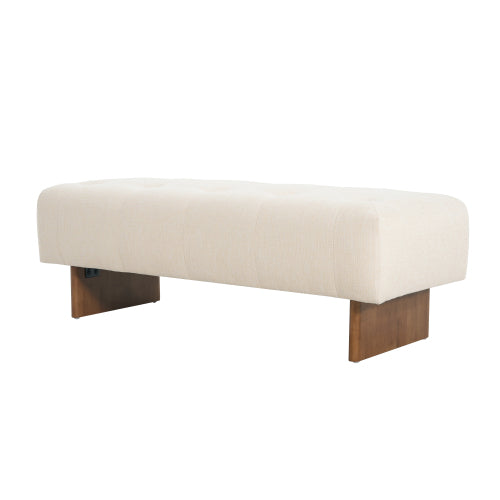 Beige Tufted Rectangular Linen Ottoman Bench, Upholstered Fabric Foot Stool with Rubber Wood Legs for Entryway & Bedroom
