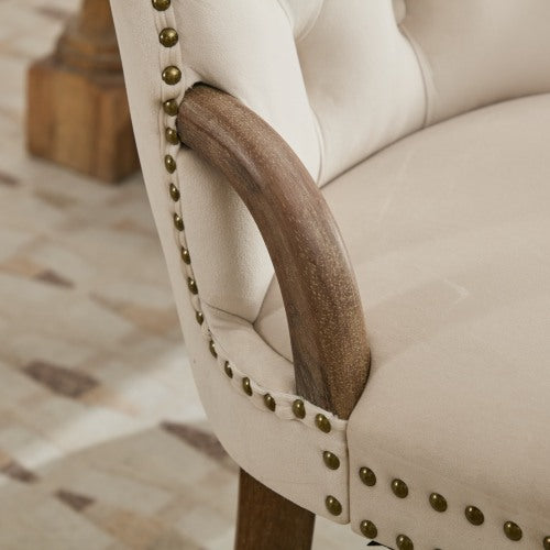 Set of 2 Beige Hand Tufted Velvet Dining Chairs, Solid Wood Handles Vintage Copper Nail Curved Wood Legs