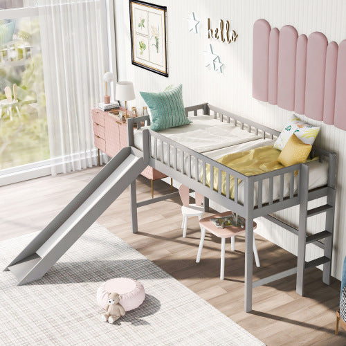 Twin Size Low Loft Bed with Ladder and Slide, Gray