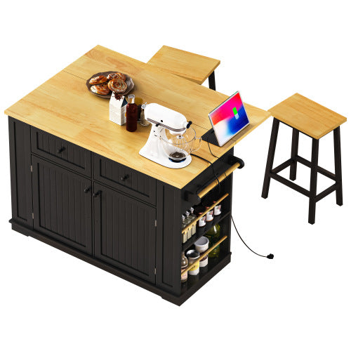 48inch Kitchen Island with 2 Bar Stools, Power Outlet, Internal Storage Rack, Kitchen Storage Cart on 5 Wheels with Drop Leaf, 5 Open Side Racks, Drawers, Black (Old SKU N707S000015B)(Three Packages)