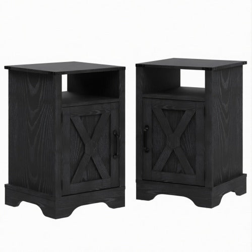 Set of 2 Farmhouse Nightstands with Charging Station, Black Storage Side Tables 16inch x 16inch x 25inch