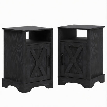Set of 2 Farmhouse Nightstands with Charging Station, Black Storage Side Tables 16inch x 16inch x 25inch
