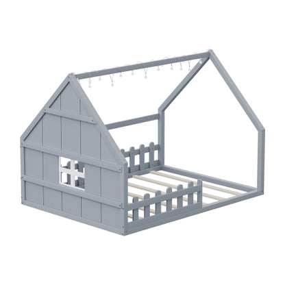Full Size Wood House Bed with Window and Fence, Gray