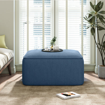 29.5 inch Square Blue Corduroy Modular Ottoman, Upholstered Foot Stool with Plywood Frame & Pocket Coil Cushion