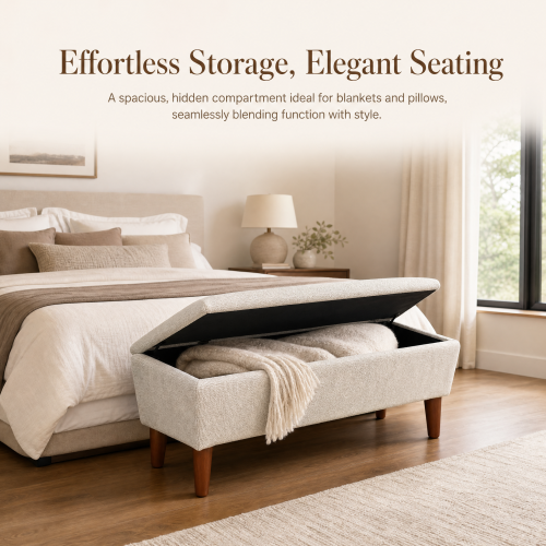 42 inch Linen Ottoman Bench with Solid Wood Legs, Modern Footrest Stool