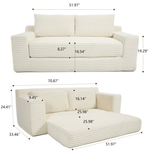 Beige Memory-Foam Convertible Compression Loveseat Sofa-Bed Corduroy No-Assembly Couch for Small Apartment
