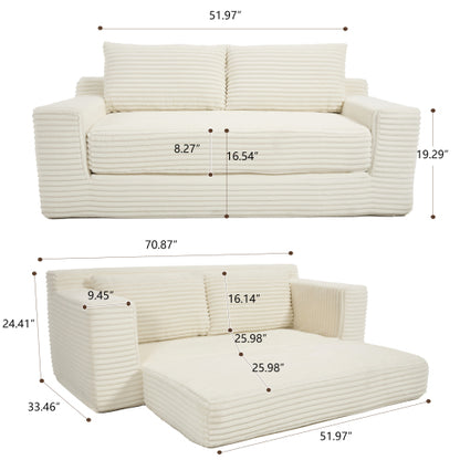 Beige Memory-Foam Convertible Compression Loveseat Sofa-Bed Corduroy No-Assembly Couch for Small Apartment
