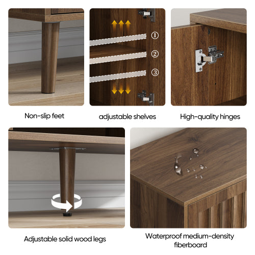 55 Inch Walnut Vertical Fluted Door Mid-Century TV Stand Adjustable Shelf Media Console Cabinet