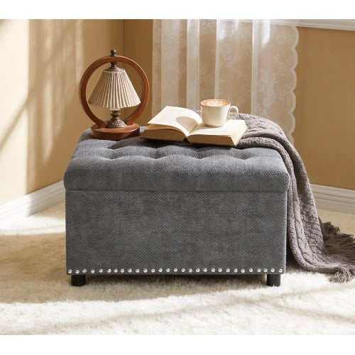 Storage Ottoman, Tufted Footstool, Nailhead Trim Ottoman, Square Storage Ottoman, Upholstered Coffee Table, Bedroom Storage, Living Room Accent, Light Gray Ottoman, Small Space Furniture, Home Decor.