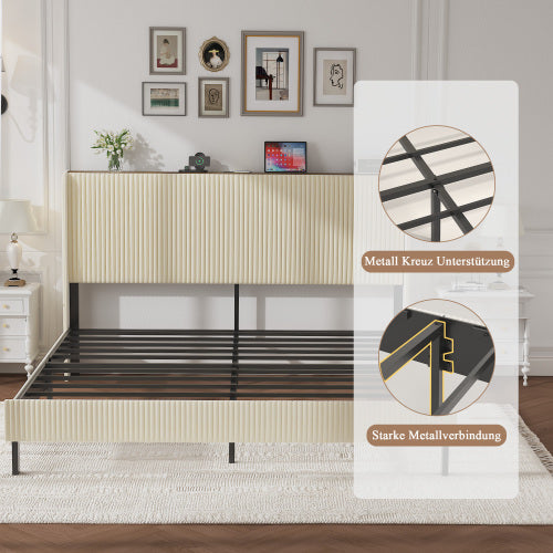King Size Platform Bed , Metal Bed Frame with Charging Station, No Box Spring Needed, (Beige), Noise Free,Easy Assemble.