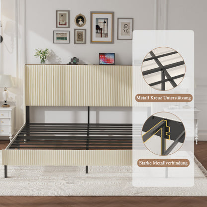 King Size Platform Bed , Metal Bed Frame with Charging Station, No Box Spring Needed, (Beige), Noise Free,Easy Assemble.