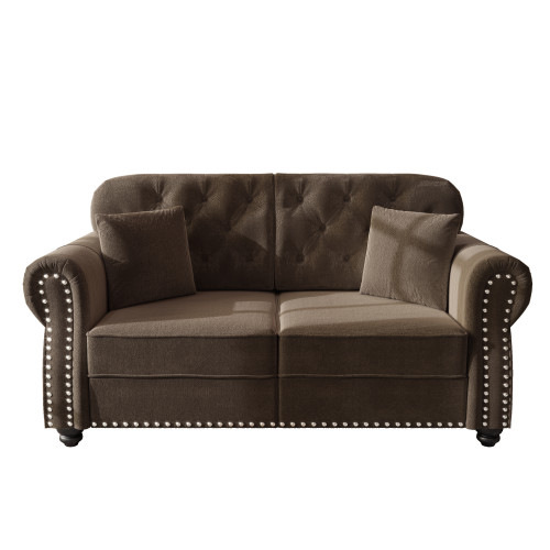 63 inch  Brown Velvet Mid-Century Sofa, Nailhead Trim & 2 Pillows