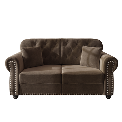 63 inch  Brown Velvet Mid-Century Sofa, Nailhead Trim & 2 Pillows