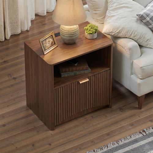Set of 2 Walnut Mid-Century Nightstands with Charging Station