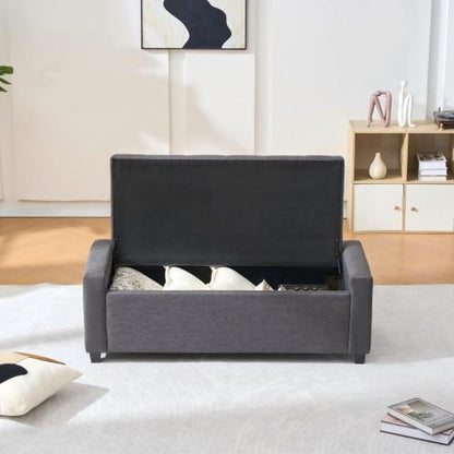 48 inch Grey Faux Linen Tufted Storage Bench, Safety Hinge Armrest Ottoman for Bedroom Entryway Living Room