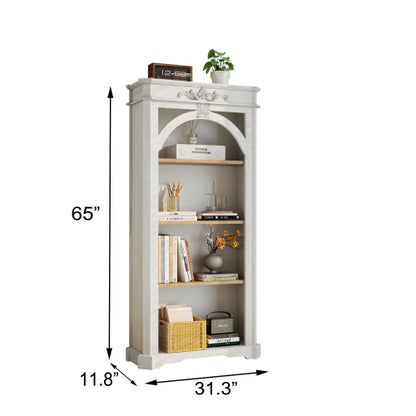 65-Inch Antique White 4-Tier Tall Bookcase for Living Room Office