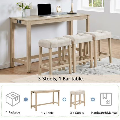 4 Piece Bar Table Set with Power Outlet,Bar Table Set with Chairs,Sofa Bar Table with Stools,Behind Couch Table with 3 Padded Stools for Living Room,Dining room, Light Oak