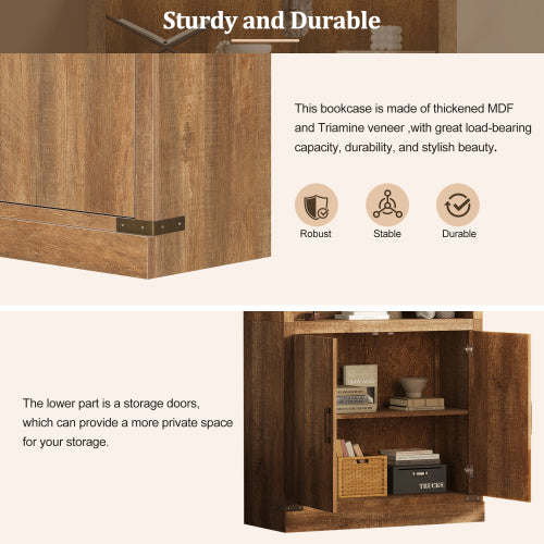 83.4 Inch Tall Walnut Farmhouse Bookshelf with LED Light & Adjustable Shelves Closed Storage Cabinet