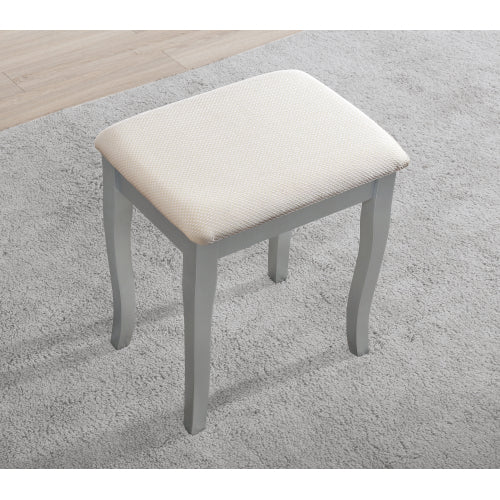 Silver Wood Vanity Makeup Table and Stool Set, 3-Panel Beveled Mirror, 4 Drawers, Brushed Nickel Hardware