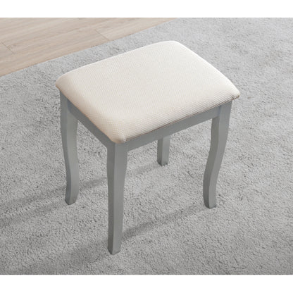 Silver Wood Vanity Makeup Table and Stool Set, 3-Panel Beveled Mirror, 4 Drawers, Brushed Nickel Hardware
