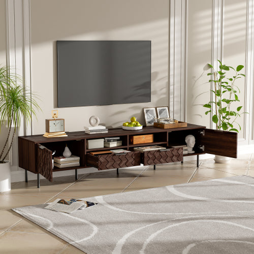 78.7 inch Walnut 3D Diamond Texture TV Stand Heavy Iron Leg Media Console Fits 85 inch TV
