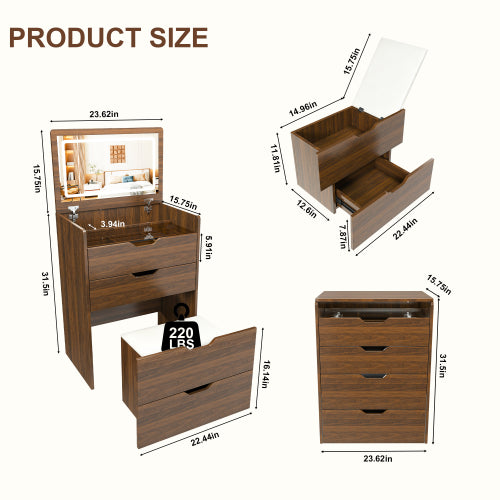 Walnut 3-in-1 Flip-Top LED Vanity Desk 23 inch L, HD Shatter Resistant Mirror & Storage Stool