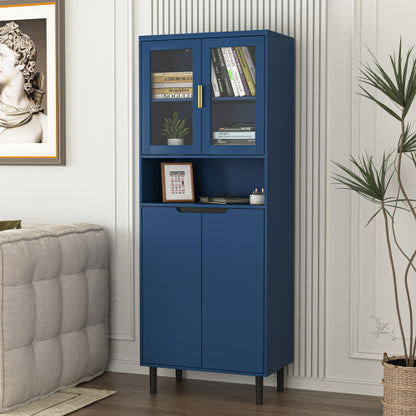 Navy Blue 4-Door Adjustable Tempered Glass Tall Storage Bookcase Cabinet