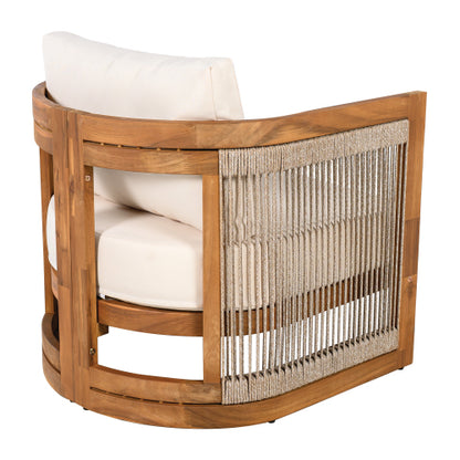 Premium Acacia Wood Outdoor Club Chair, Curved Tub Design with Woven Rope Accents, Water-Resistant Cushions, All-Weather Slat Construction