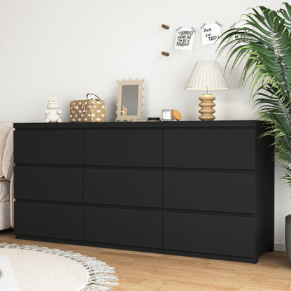 9 Drawer Dresser with No Handle Design, Modern Black Matte Wood Dresser for Bedroom, Storage Chest of Drawers for Living Room, Hallway, Entryway