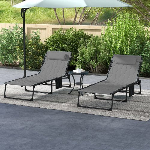 Outsunny Folding Chaise Lounge Set with 5-level Reclining Back, Outdoor Lounge Tanning Chair with Padded Seat, Side Pocket & Headrest for Beach, Yard, Patio, Gray