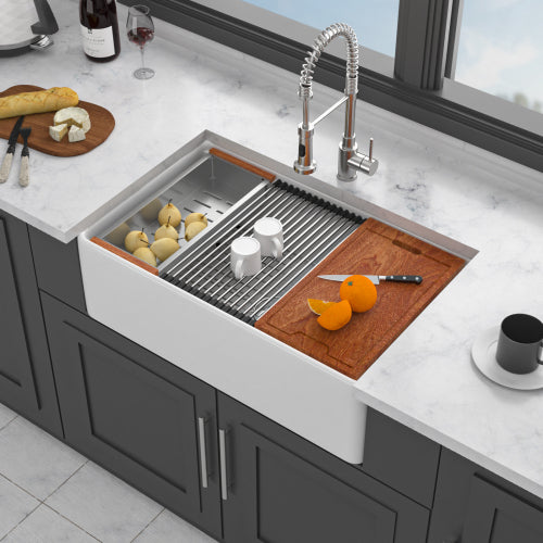 White Kitchen Sink Workstation - 33 x 20 x 10 inch White Porcelain Ceramic Sngle Bowl Kitchen Sink