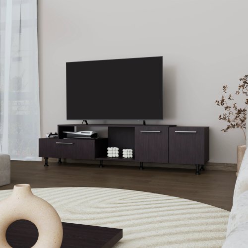 69.3 Inch Wengue Finish Entertainment Center with Open Shelves & Dual Side Storage Cabinets