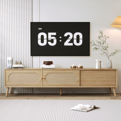 70.8 Inch Natural Wood Boho Rattan Sliding Door TV Stand Solid Wood Legs Holds 80 Inch TV