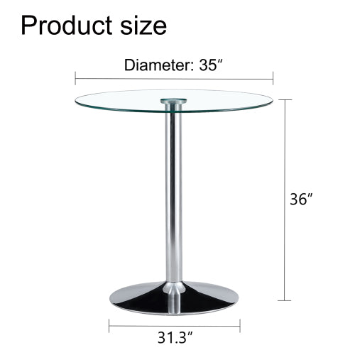 A glass tabletop with a diameter of 35 inches and a modern minimalist circular dining table with electroplated silver metal legs. Suitable for restaurants, living rooms, and conference rooms.