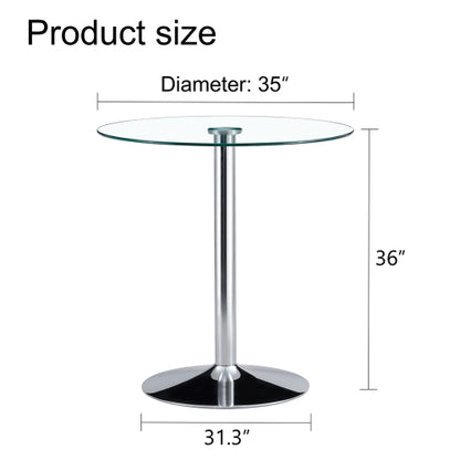 A glass tabletop with a diameter of 35 inches and a modern minimalist circular dining table with electroplated silver metal legs. Suitable for restaurants, living rooms, and conference rooms.