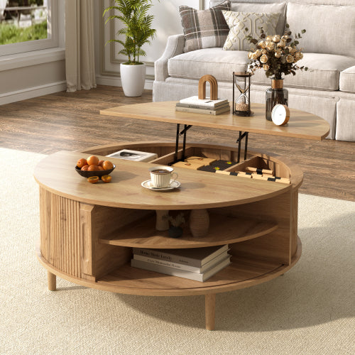 Round Lift Top Coffee Table Storage Sliding Door Pine Wood Legs Modern Wave Grain