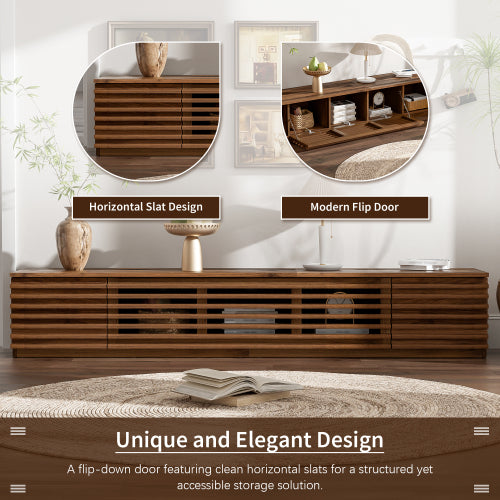 70.8 inch Walnut Fluted Flip Door TV Stand Low Profile Media Console For 65¨C80 Inch TV