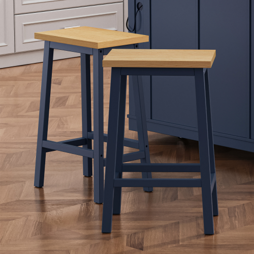 Set of 2 Navy Blue Solid Wood A-Frame Counter Bar Stools, 25.6 inch  Height, Footrest, 220lbs Capacity