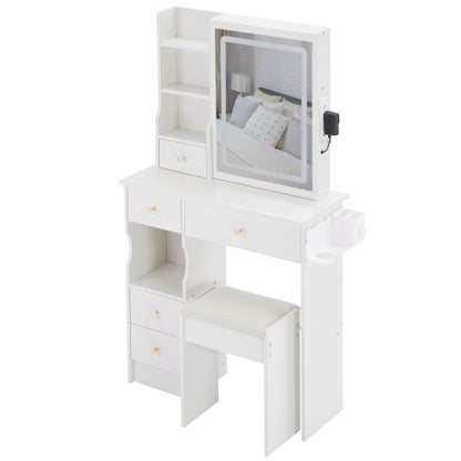 29.2" Small Size Drawer Desktop Vanity Table + Cushioned Stool, 2 AC+2 USB Power Station, Hair dryer bracket, Extra Large Touch Control Sliding LED Mirror, 3-color Switching, EPA, GCC, UL Certificate