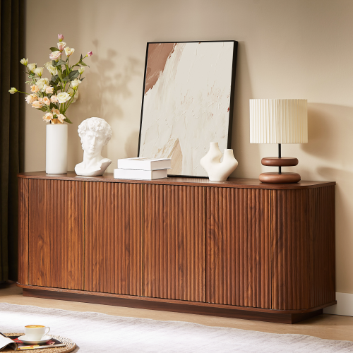 Walnut Wave Pattern Sideboard TV Stand 64 Inch Wide Storage Cabinet with Push to Open Doors