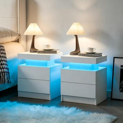 Set of 2 White LED Nightstands with Drawers