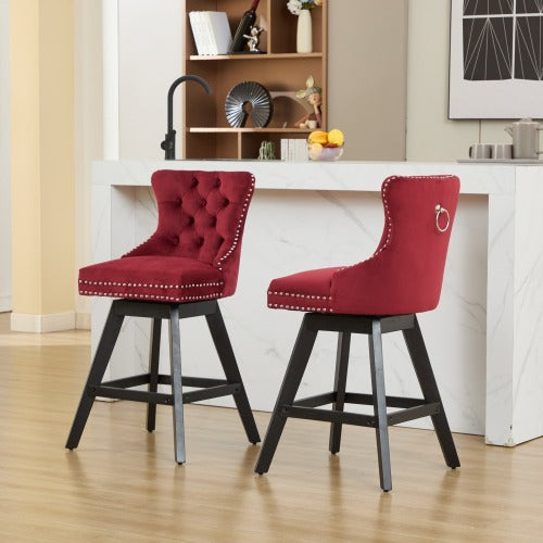 Swivel Velvet Barstools with Button Tufted Decoration and Wooden Legs, and Chrome Nailhead Trim, Leisure Style Bar Chairs,Bar stools, Set of 2 (Wine Red)