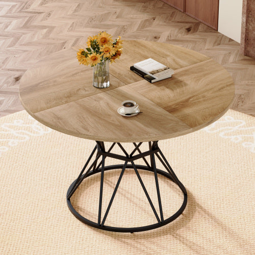 47.3 Inch Light Wood Grain Round Dining Table with Hourglass Metal Bracket for 4-6 People