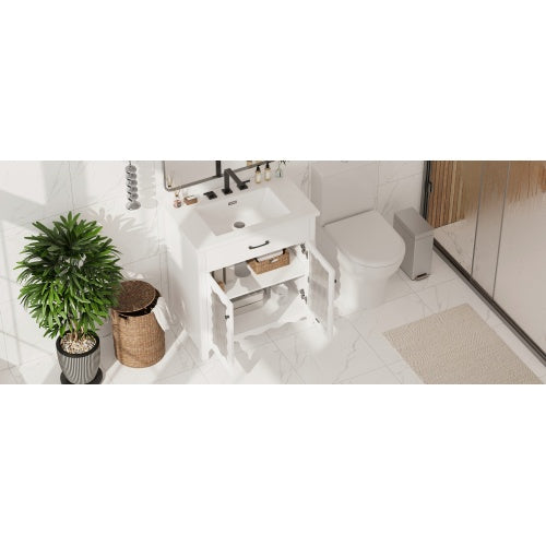 31" Bathroom Vanity with Tempered Glass, Modern Bathroom Cabinet with Rubber Wood legs and Soft close Doors, White