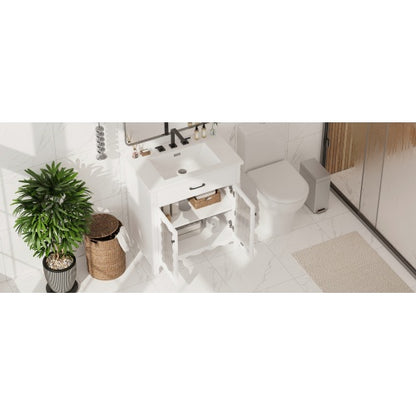 31" Bathroom Vanity with Tempered Glass, Modern Bathroom Cabinet with Rubber Wood legs and Soft close Doors, White