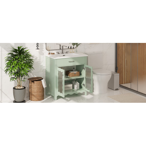 31" Bathroom Vanity with Tempered Glass, Modern Bathroom Cabinet with Rubber Wood legs and Soft close Doors, Green