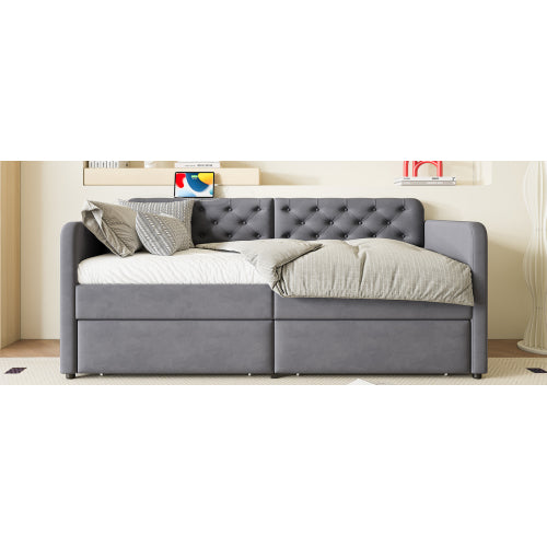 Twin Size Upholstered Daybed with 2 Storage Drawers and USB Charging Design, Velvet Upholstered Daybed Frame, Twin Sofa Bed for Living Room Bedroom, No Box Spring Needed,Plush Velvet Fabric