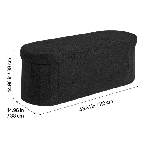 Black Foldable Teddy Fleece Oval Storage Ottoman Bench, 660 LBS Bed End Bench with Divided Storage