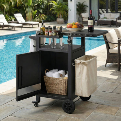 33.9 inch Outdoor Grill Cart with Drop Leaf, Outdoor Metal Bar Cart Pizza Oven Table with Wheels, Stainless Steel Top, Outdoor Kitchen Island with Storage Cabinet & Spice & Paper Rack for BBQ, Waterpr