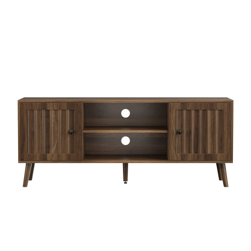55 Inch Walnut Vertical Fluted Door Mid-Century TV Stand Adjustable Shelf Media Console Cabinet